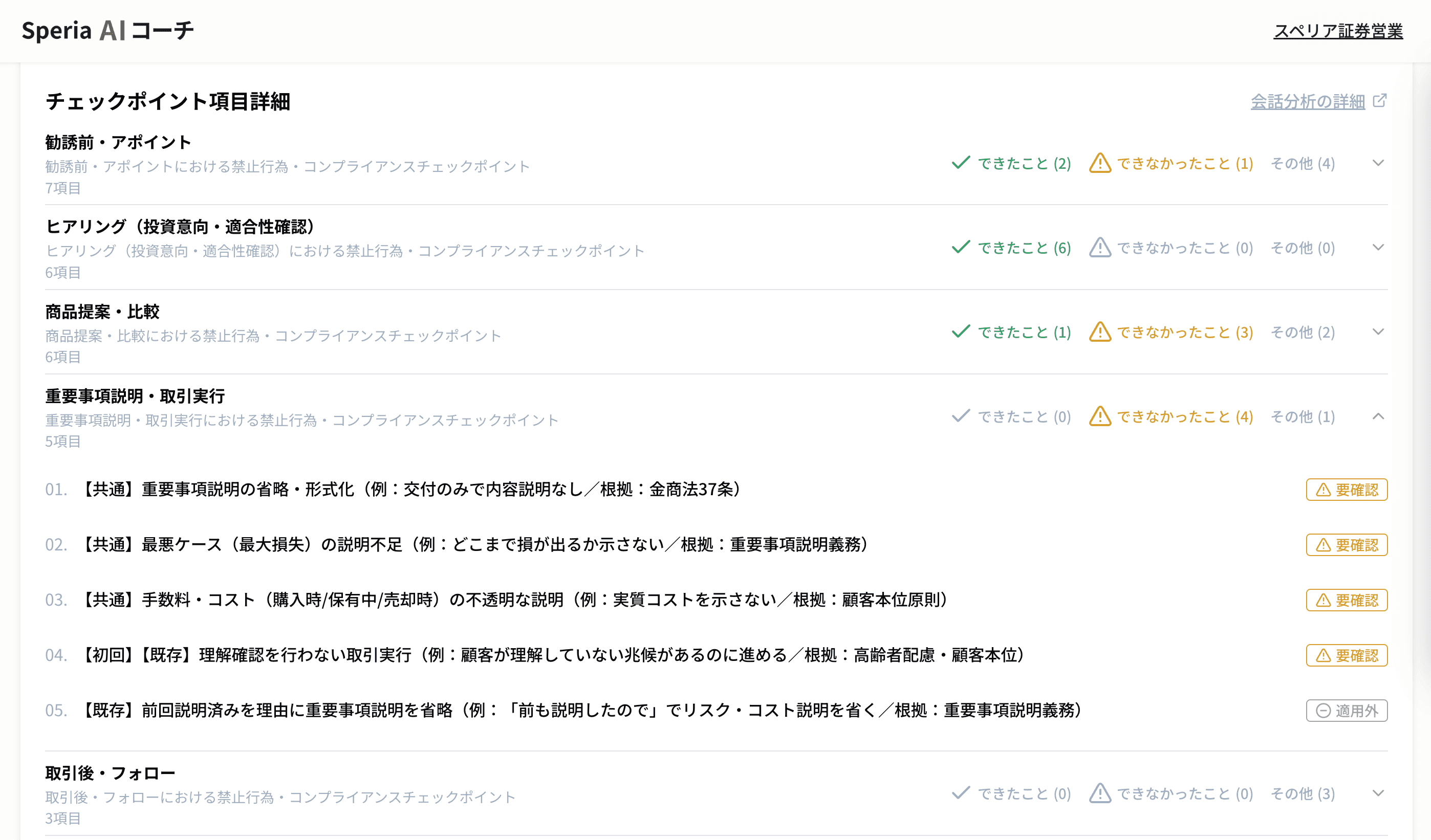 AIコーチのチェックポイント項目詳細